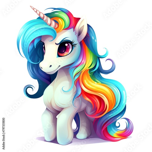 Cute rainbow unicorn. Clipart is a great choice for creating cards, invitations, party supplies and decorations. AI generated. (ID: 797351800)