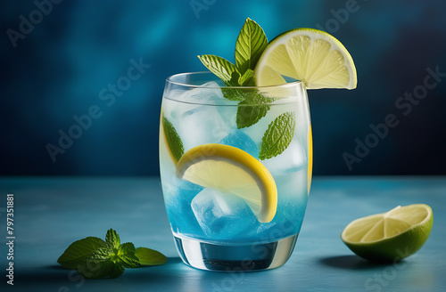 Fresh ice drink in glass, with lime slices, mint leaves. Fresh healthy cold mint and lemon beverage.