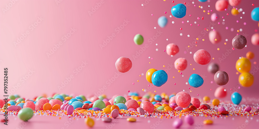 Colourful candies falling in air, National Candy Day wallpaper with copy space
