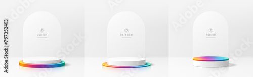 Set of 3D pride month background. White and rainbow color round podium with arch backdrop. Abstract composition in minimal design. Studio showroom product pedestal, Fashion showcase mock up scene.