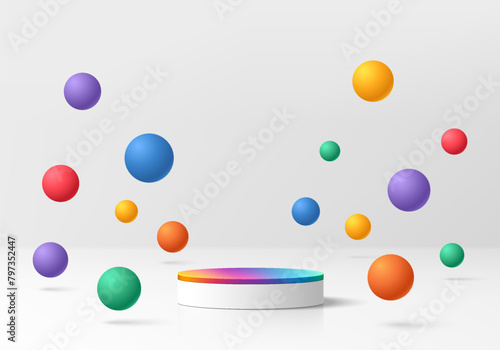 3D pride month product podium background with with colorful bounce balls. Abstract composition in minimal design. 3D studio showroom product pedestal, Fashion showcase mockup scene. Banner cosmetic. © Riseness