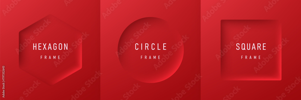 Red 3d Frame Set of hexagon, circle and square 3D frames on vibrant red background ...