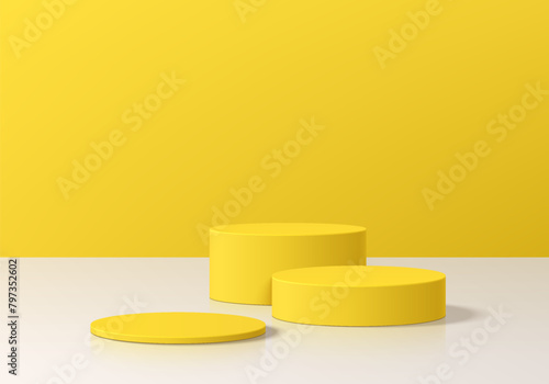 3D round product podium background in yellow with white floor empty space. Abstract composition in minimal design. 3D studio showroom product pedestal, Fashion showcase mockup scene. Banner cosmetic.
