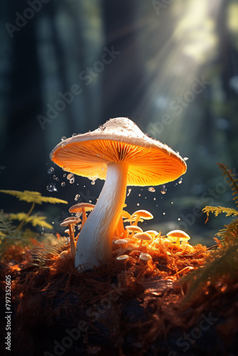 Close-Up Image of a Glowing Mushroom Illuminating the Surrounding Forest Undergrowth