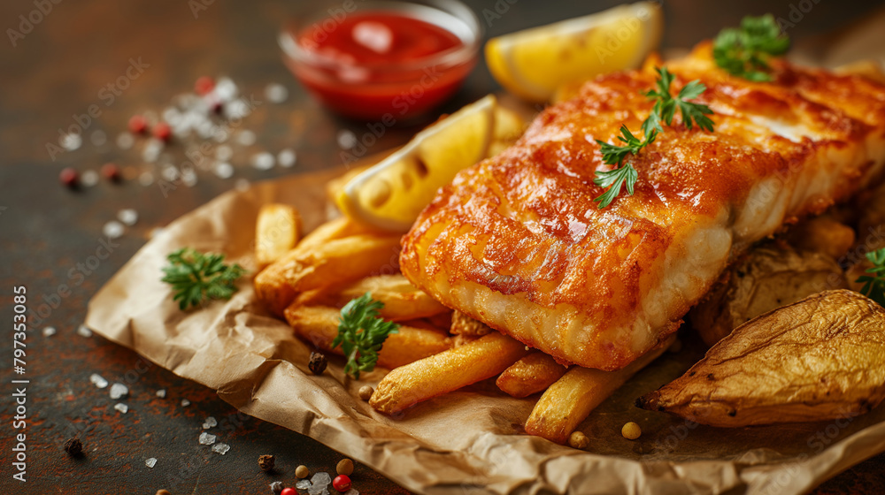 national fish and chips day, fish and chips in plate on brown background, national fish and chips day, fish and chips in plate on brown background,