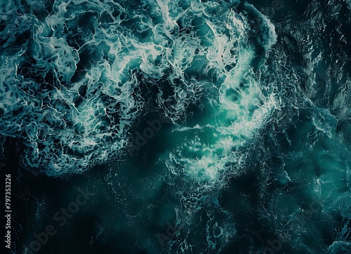 Top view of the dark green and turquoise sea water with waves in a high resolution high detail high quality photographic style stock photo unsplash taken with a Nikon D850 camera