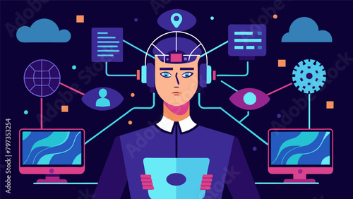 A person surrounded by futuristic computer screens as their brain waves merge with an AI network allowing them to control technology with their mind..