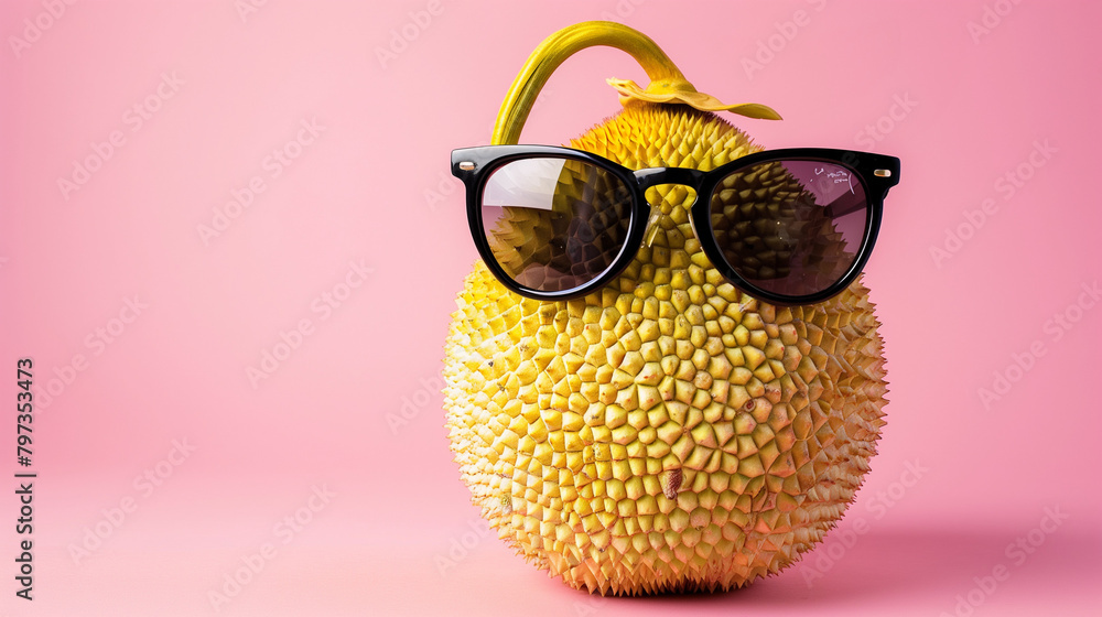 cute jackfruit with glasses on pink background with copy space, national jackfruit day cute jackfruit with glasses on pink background with copy space, national jackfruit day
