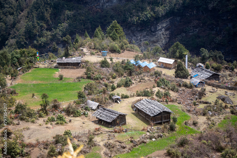 Obraz premium Beautiful Tibetan Mountain Village With Green Field.