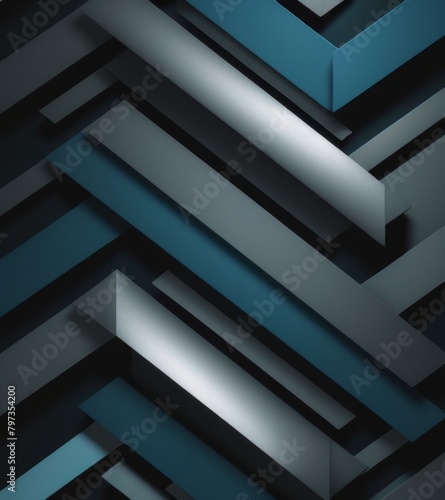 A sleek and modern background with geometric patterns in shades of blue, grey, black, and silver. 