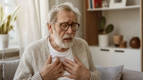 Senior man suffering a heart attack, pain in chest