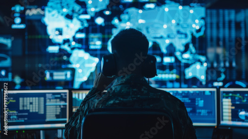 Monitoring and managing security technology in a military surveillance hub headquarters. Concept Military Surveillance