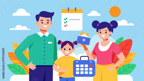 An image of a happy family enjoying a holiday getaway accompanied by a budget planner to help you save and plan for your dream vacation.