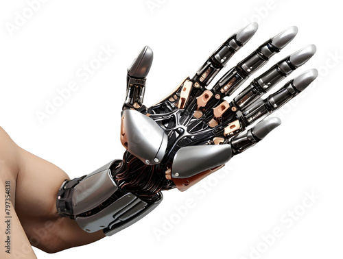 Robot hand with luminous elements on a white background and reaching object 3d rendering.  