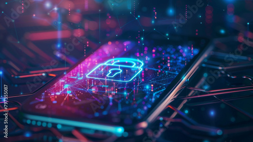 Strengthened Smartphone Security Padlock Holograms Safeguarding Business Data Symbolizing Cybersecurity