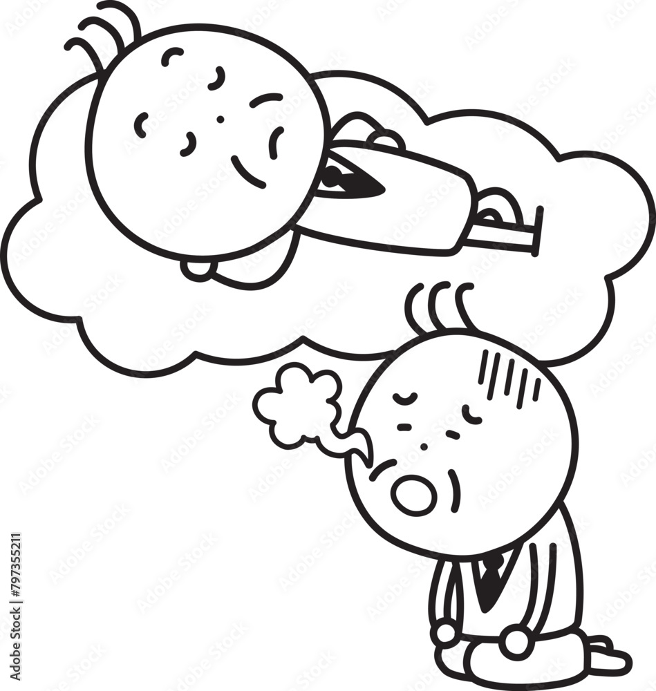 雲の上で寝そべる男性と元気なくため息をつく男性のイラスト