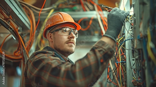 Surrounded by a tangle of cables and gear, a confident electrician efficiently wires a structure.