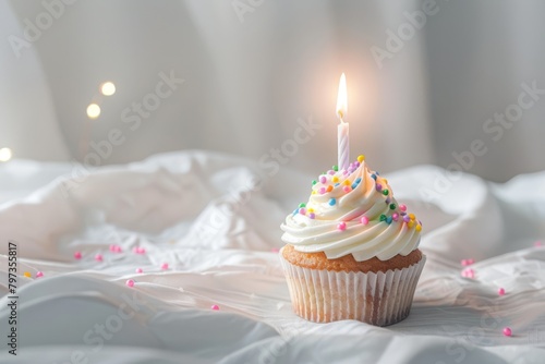 Single Cupcake With Lit Candle Celebrating a Birthday in a Softly Lit White Sheet Setting