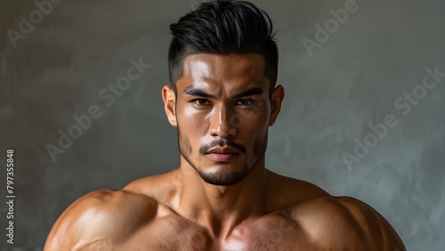 Muscled Elegance: Short-Haired Young Man's Physique, Youthful Strength: Bodybuilder with Short Hair, Sculpted Physique: Male Bodybuilder's Image, Dynamic Power: Youthful Bodybuilder Portrait