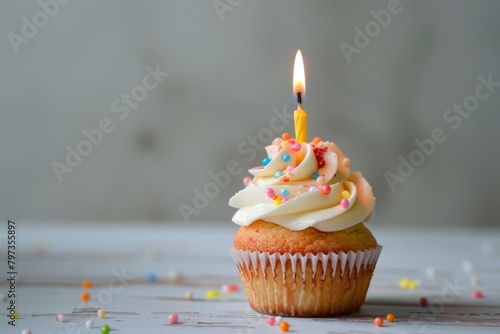 Festive Birthday Cupcake With Lit Candle and Colorful Sprinkles on a plain gray background