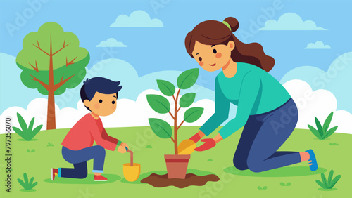 A parent and child duo eagerly planting a new tree in a community park to celebrate National Junior Botanist Day.