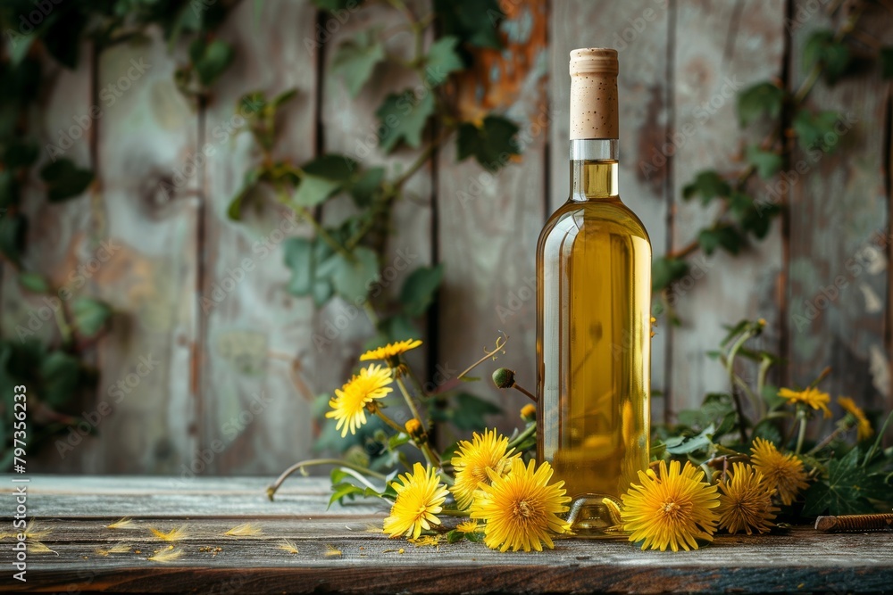 A bottle of yellow dandelion wine on a wooden background with fresh yellow dandelion flowers around the bottle. A luxurious photo for a wine presentation. Copy space.