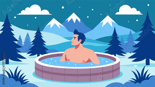 A man taking a relaxing soak in a hot tub surrounded by snowcovered trees and letting the warm water soothe his winterweary muscles..