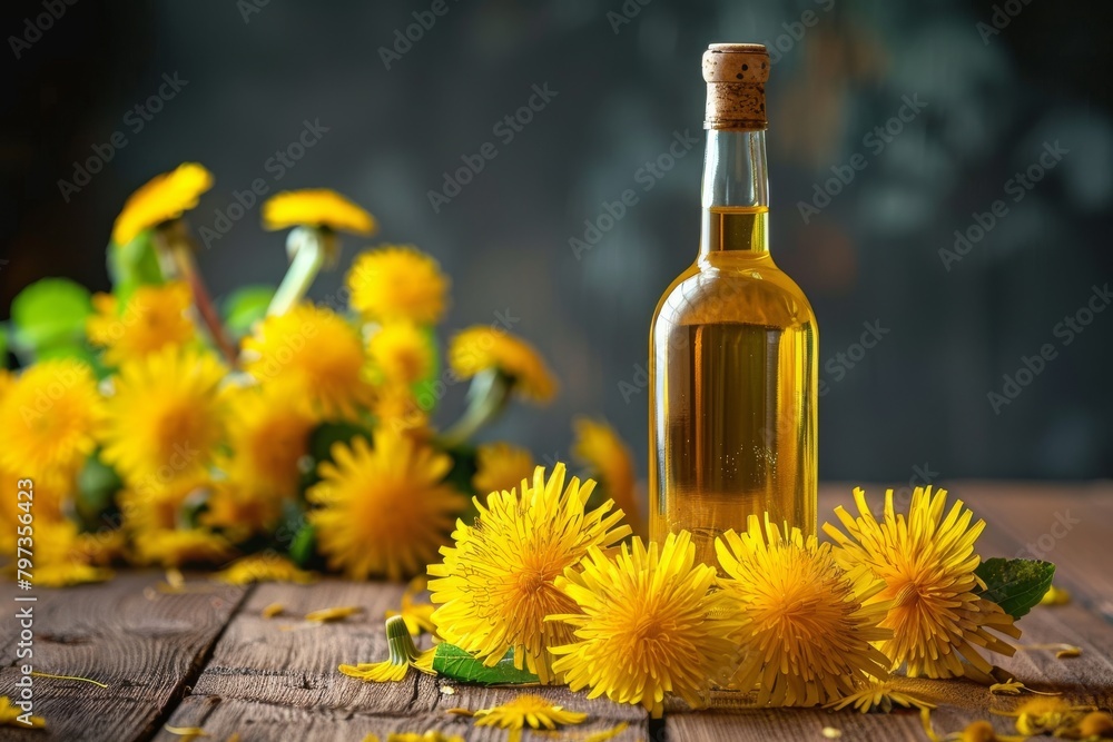 A bottle of yellow dandelion wine on a wooden background with fresh yellow dandelion flowers around the bottle. A luxurious photo for a wine presentation. Copy space.
