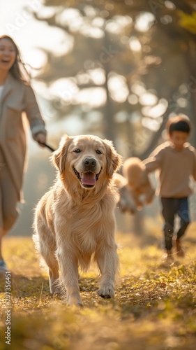Golden retriever dog having fun in the park with an Asian family © tongpatong