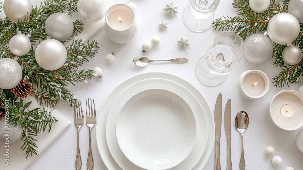Christmas table arrangement, flat-lay, white dishes, branches Christmas table arrangement, flat-lay, white dishes, branches