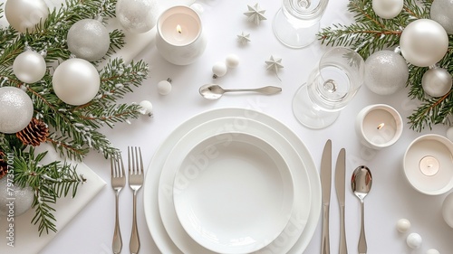 Christmas table arrangement, flat-lay, white dishes, branches