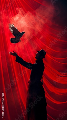 Pigeon-wielding magician in a spotlight, standing above a crimson curtain