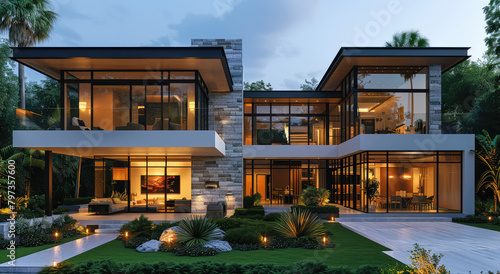 Modern two-story villa, front view of the building exterior wall with glass windows and stone walls. Created with Ai   © Design