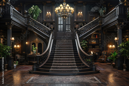 A grand staircase in an old victorian mansion  dark wood and black walls with hanging chandeliers  ornate carved railings. Created with Ai