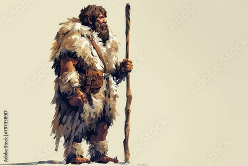 Minimalist illustration of a cave person looks primitive, dressed in fur and holding a club. 