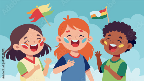 Excited giggles and laughter filling the air as children eagerly choose which part of the flag they want painted on their faces.. Vector illustration
