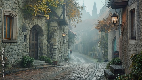A misty twilight on a mediaeval town's old, deserted European street