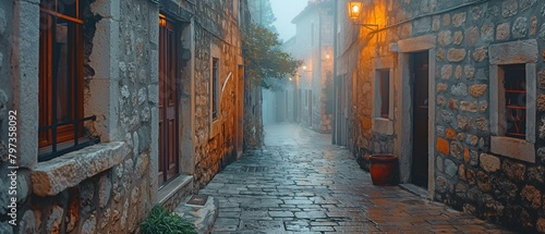 A misty twilight on a mediaeval town's old, deserted European street