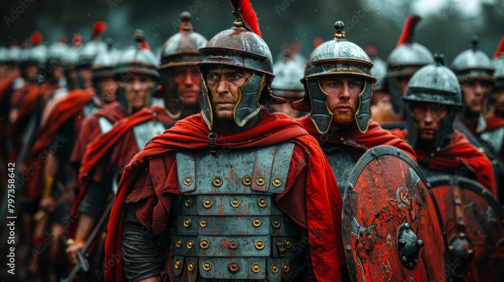 A group of men dressed in Roman armor stand prepared for battle, their imposing presence exuding strength and determination.