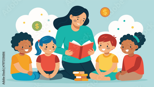 A mother teaching her children about the importance of saving through a communitybased financial literacy program.