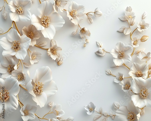 3D rendered wallpaper featuring intricate gold flowers on a pristine white background, creating an enchanting and luxurious visual experience