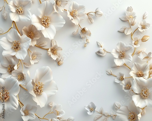 3D rendered wallpaper featuring intricate gold flowers on a pristine white background  creating an enchanting and luxurious visual experience