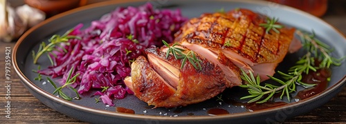 Served with red cabbage, roast duck leg photo