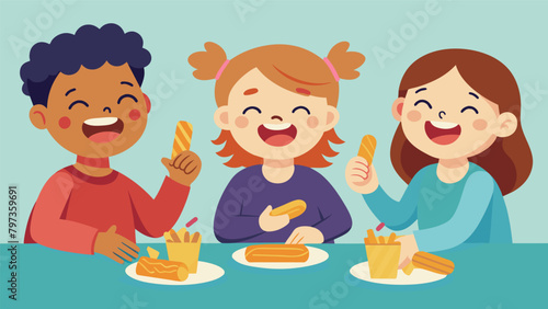 A group of children giggling and munching on churros as they practice counting in Spanish during the Little Linguist Celebration.