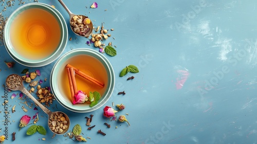 Two mugs of nutritious herbal tea with spoons holding dried rose and camomile blossoms, mint, and cinnamon against a blue background