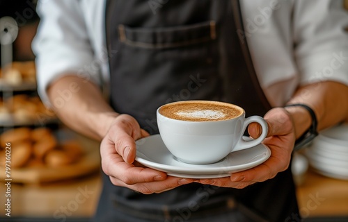 A waiter stretching a coffee cup wears a black apron.