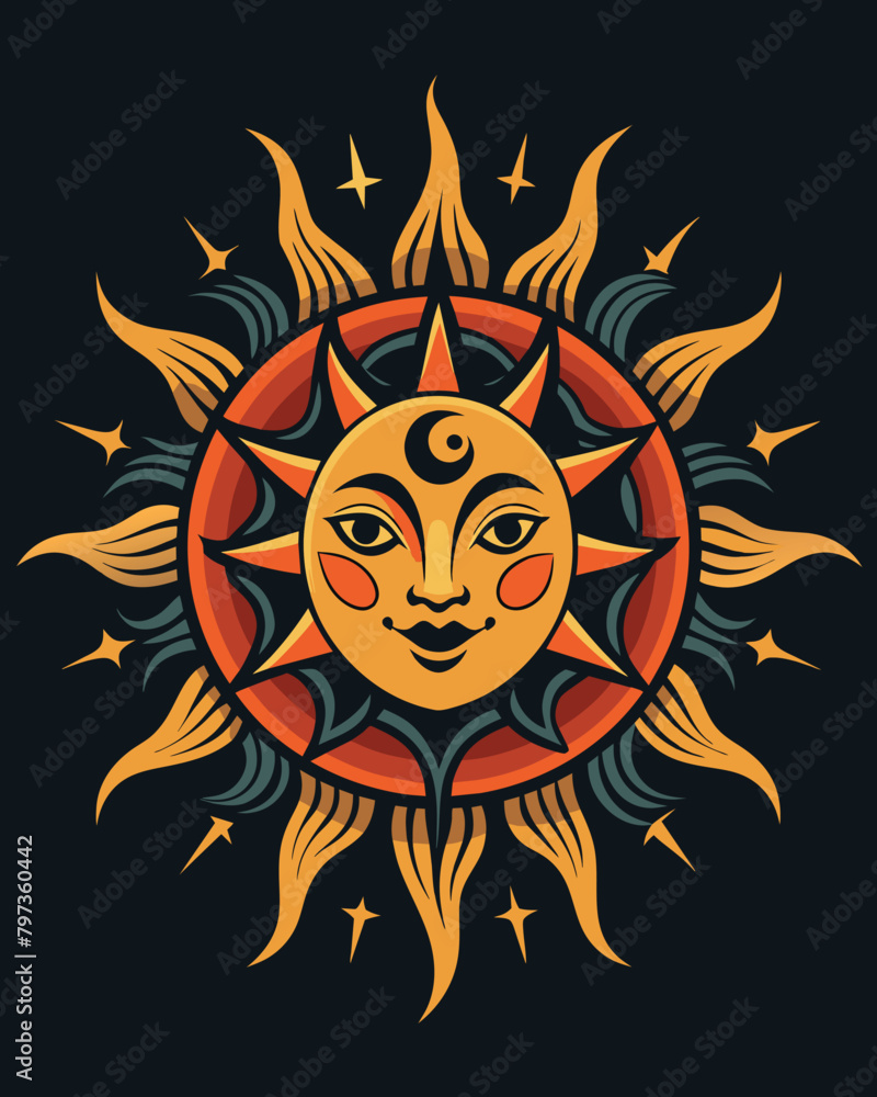 Vector illustration of the sun on a dark background. Zodiac sign.