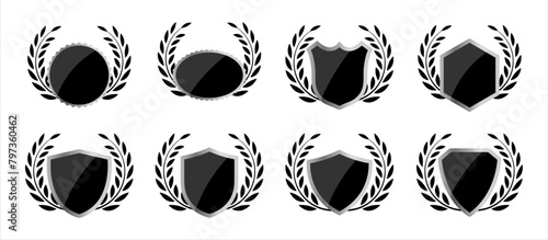 Vector shield and laurel wreath template set for logo design with shiny effect in black color. Leaf circle with glossy shield elements for classic logo. Vector illustration.