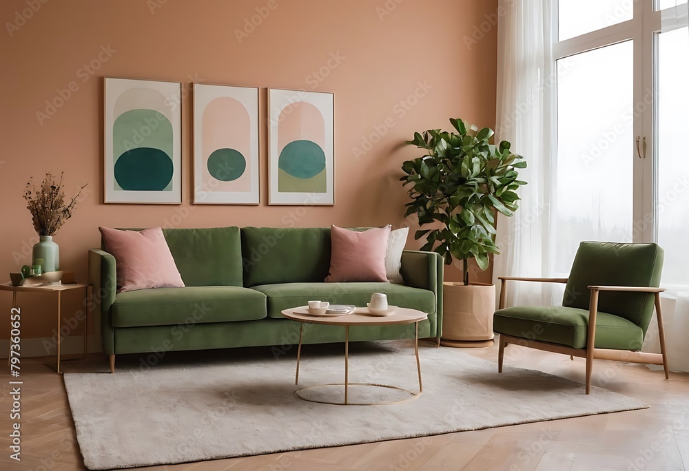 Fototapeta premium Frame mockup, ISO A paper size. Living room poster mockup. Interior mockup with house white background. Modern interior design. 3D render