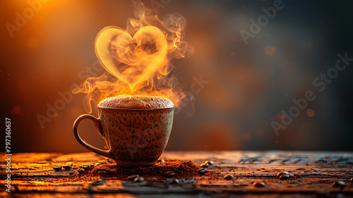 Cup of tea coffee with heart-shaped steam. Valentine's Day celebration or love concept. Copy space